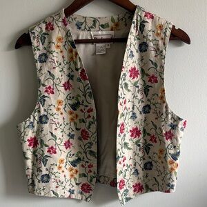 Vintage Floral Linen Vest Cottagecore Open Front Top S